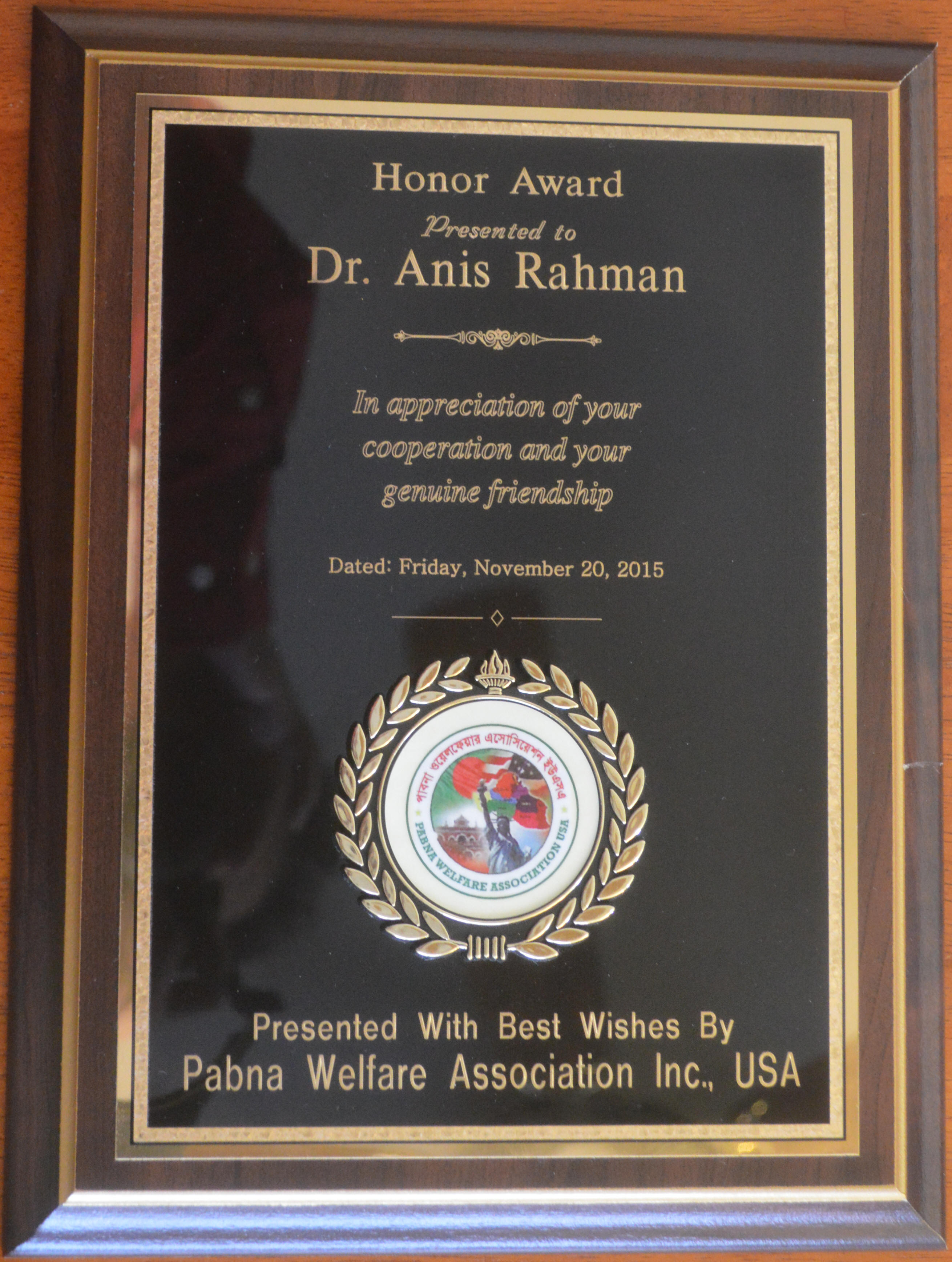 Honor Award from Pabna Welfare Association, NY