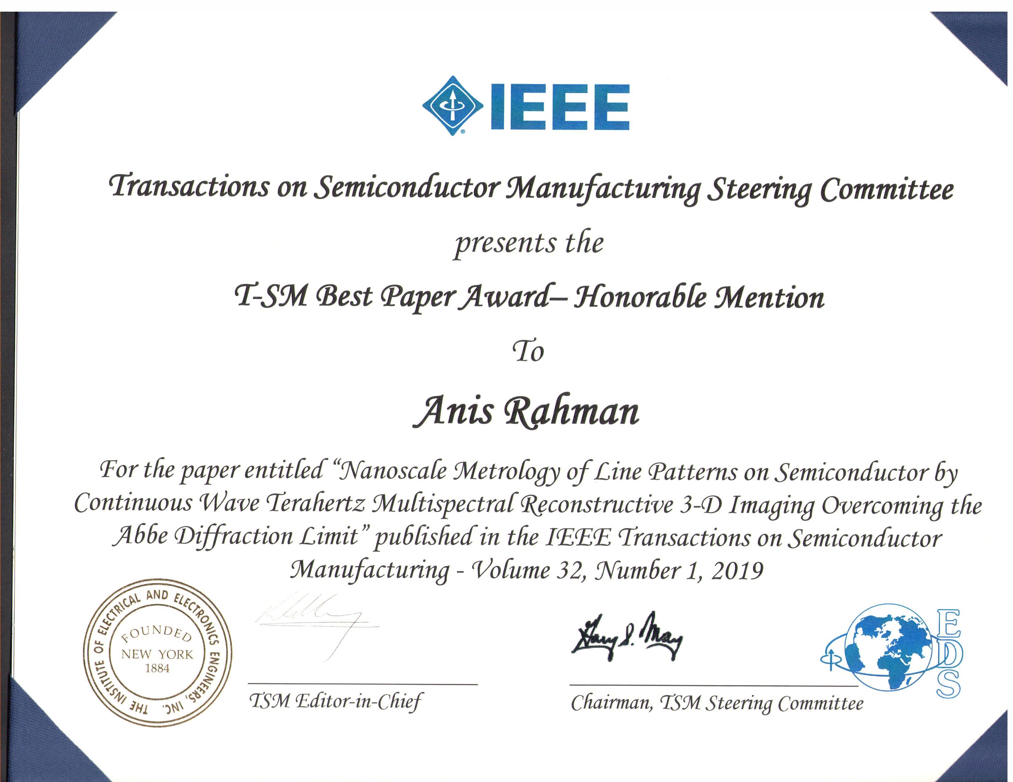 IEEE TSM Honorable Mention to Anis Rahman