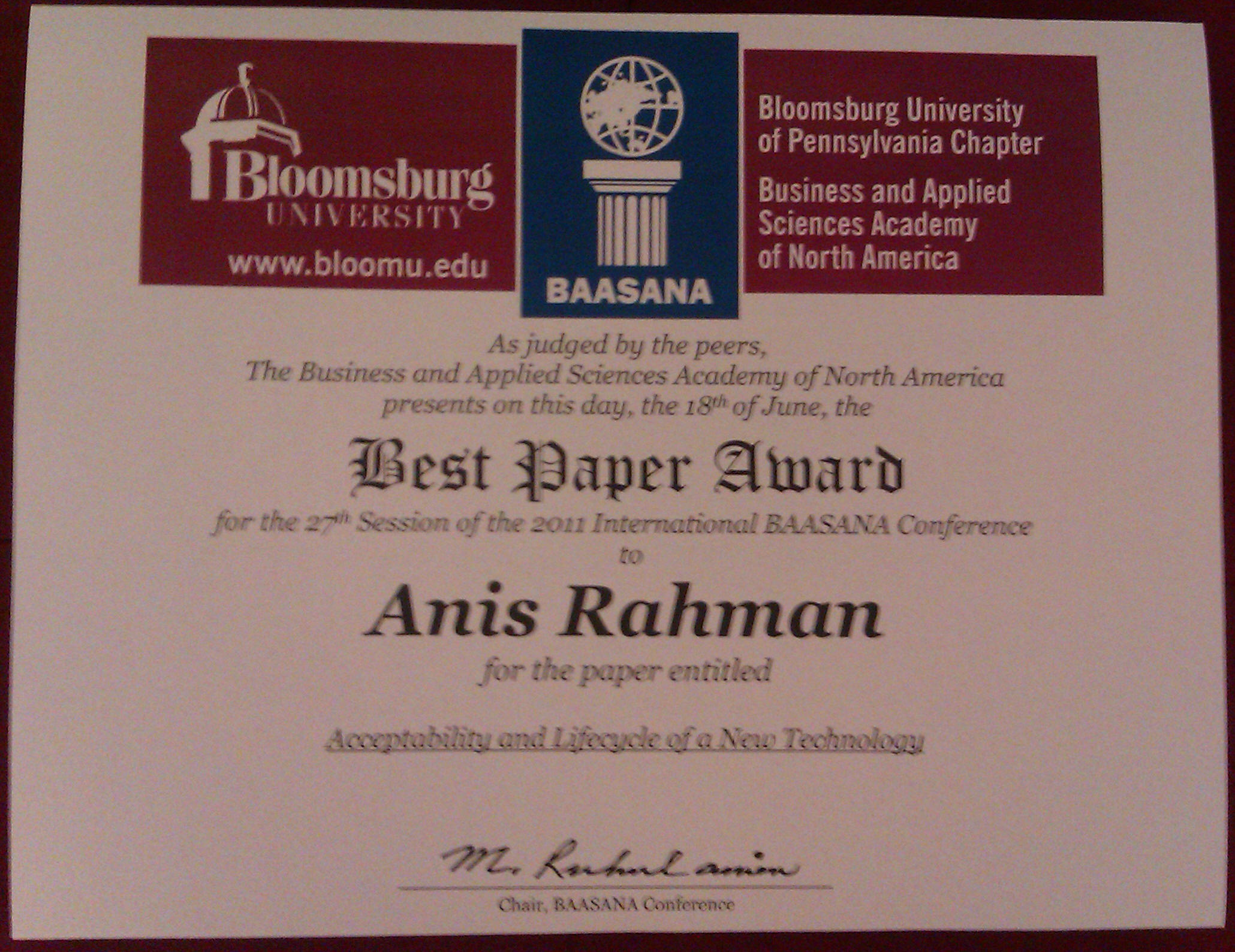 BAASANA Award for best paper